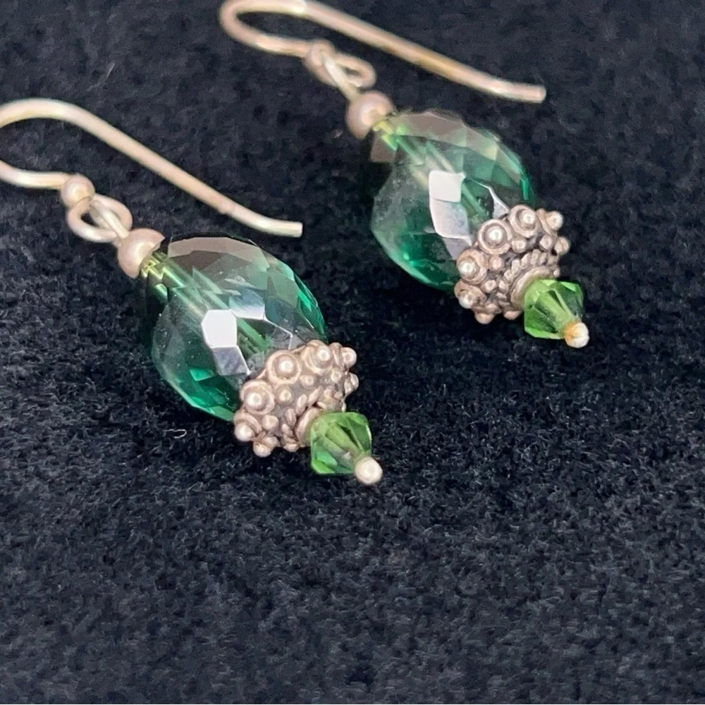 Green Crystal Silver Dangle Beaded Earrings Dangle Boho Glam